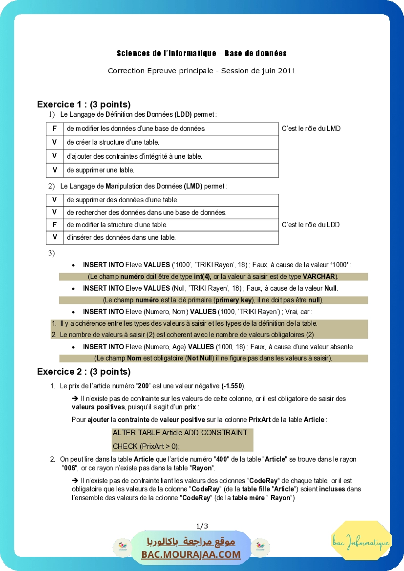 Corrigé principale bd Bac 2011 – Section info